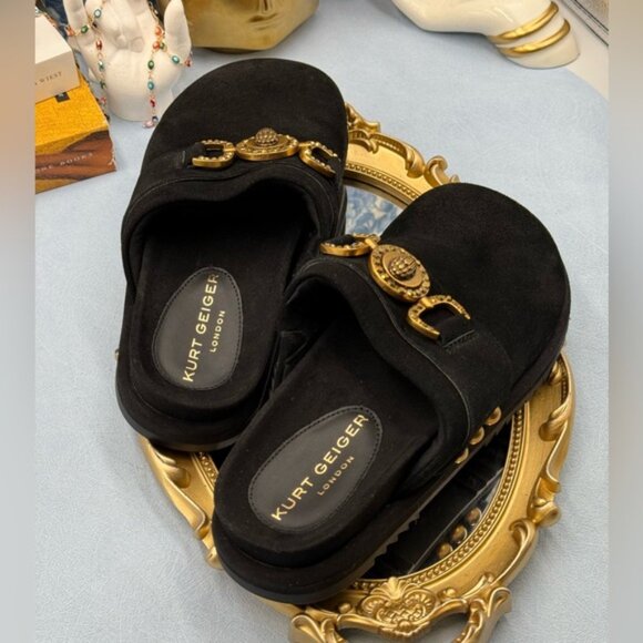🆕 KURT GEIGER LONDON 🧿 NWOB Kensington Medallion Black Suede Mules, Sz 37 US 7 - Picture 12 of 13